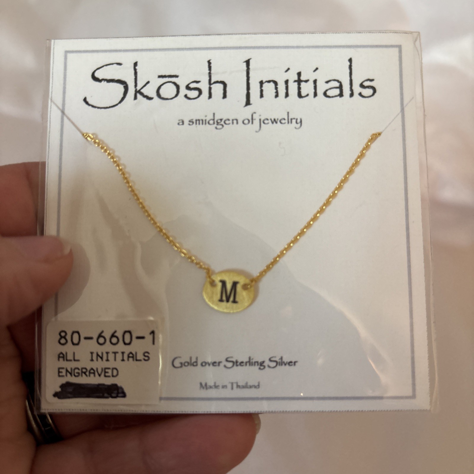 Skosh Necklace M Engraved Pendant Gold Over Sterling Silver New Adjustable 17”