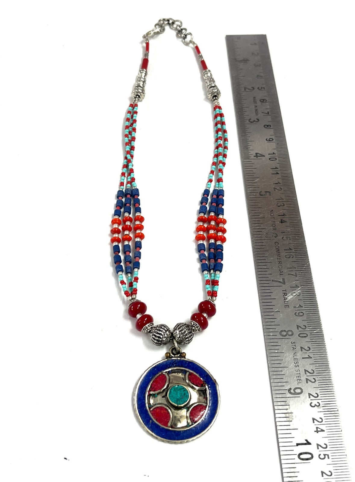Ethnic Lapis Lazuli Coral Gemstone Nepalese Boho Necklace Jewelry, 17 inch