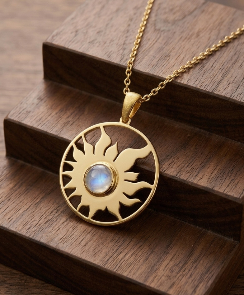 Celestial Sun Design Brass Moonstone Pendent Gold Color Crafted Comes With Chain