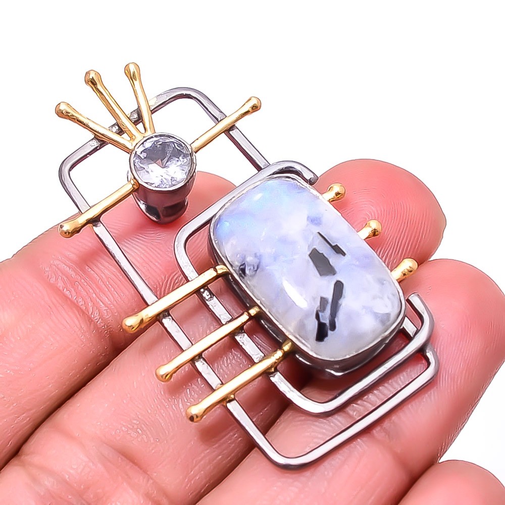 Rainbow Moonstone Black And Gold Plated 925 Silver Jewelry Pendant 1.56″ P840025