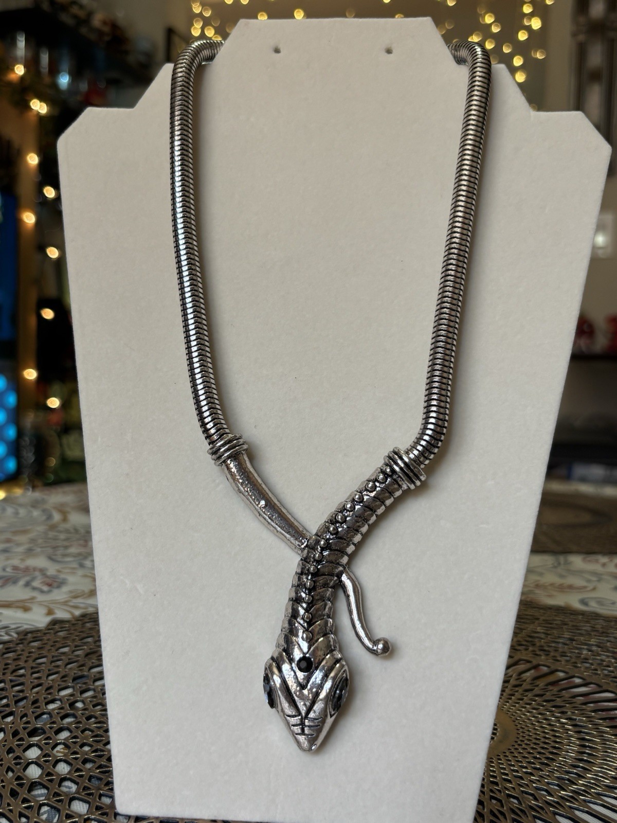 Silver Plated Snake Pendant Necklace Gray Marquise Crystal Eyes Adjustable