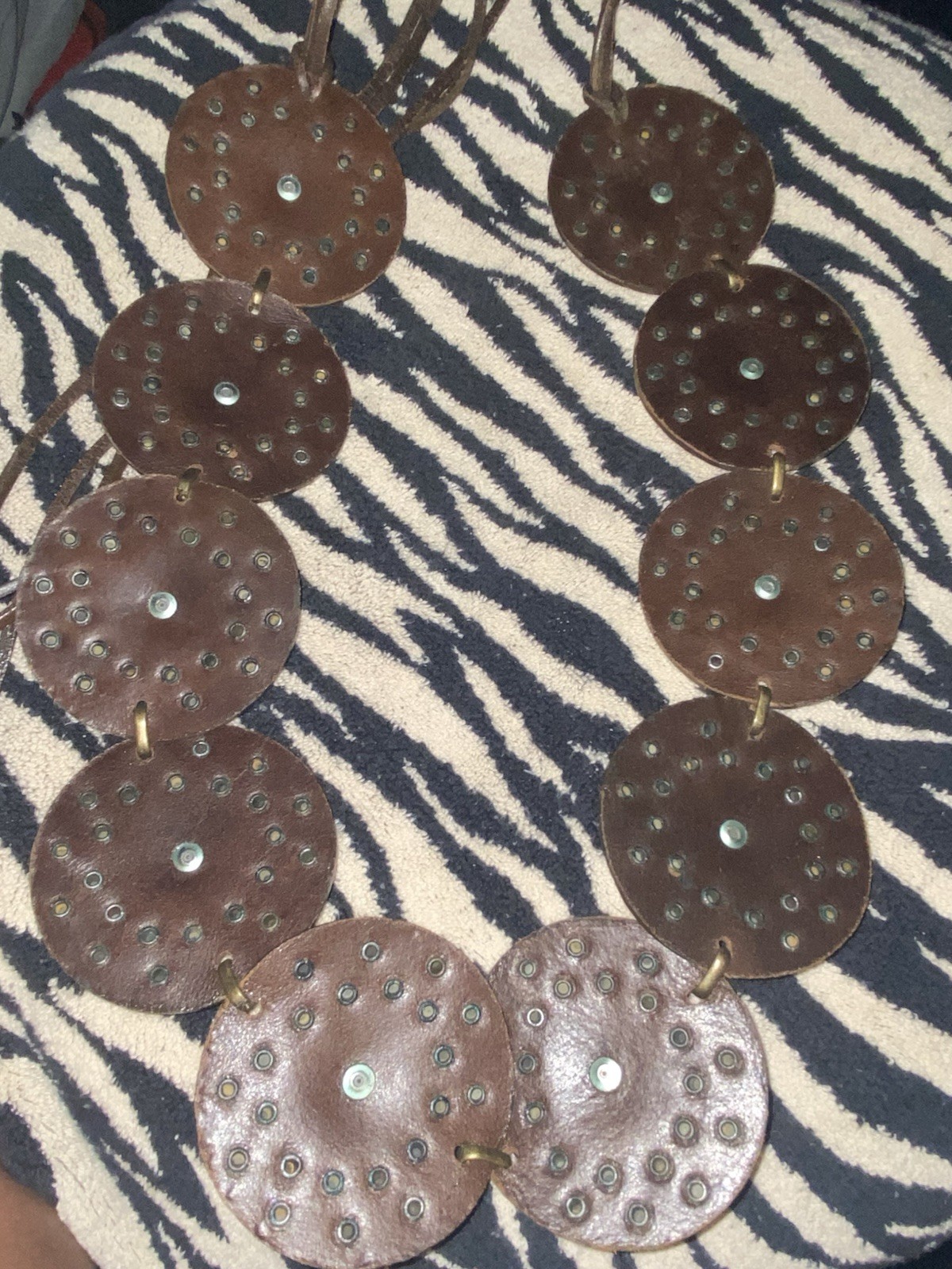 BrowLeather Cord Statement necklace / belt w/ Round Studded Disc Pendant, Brass