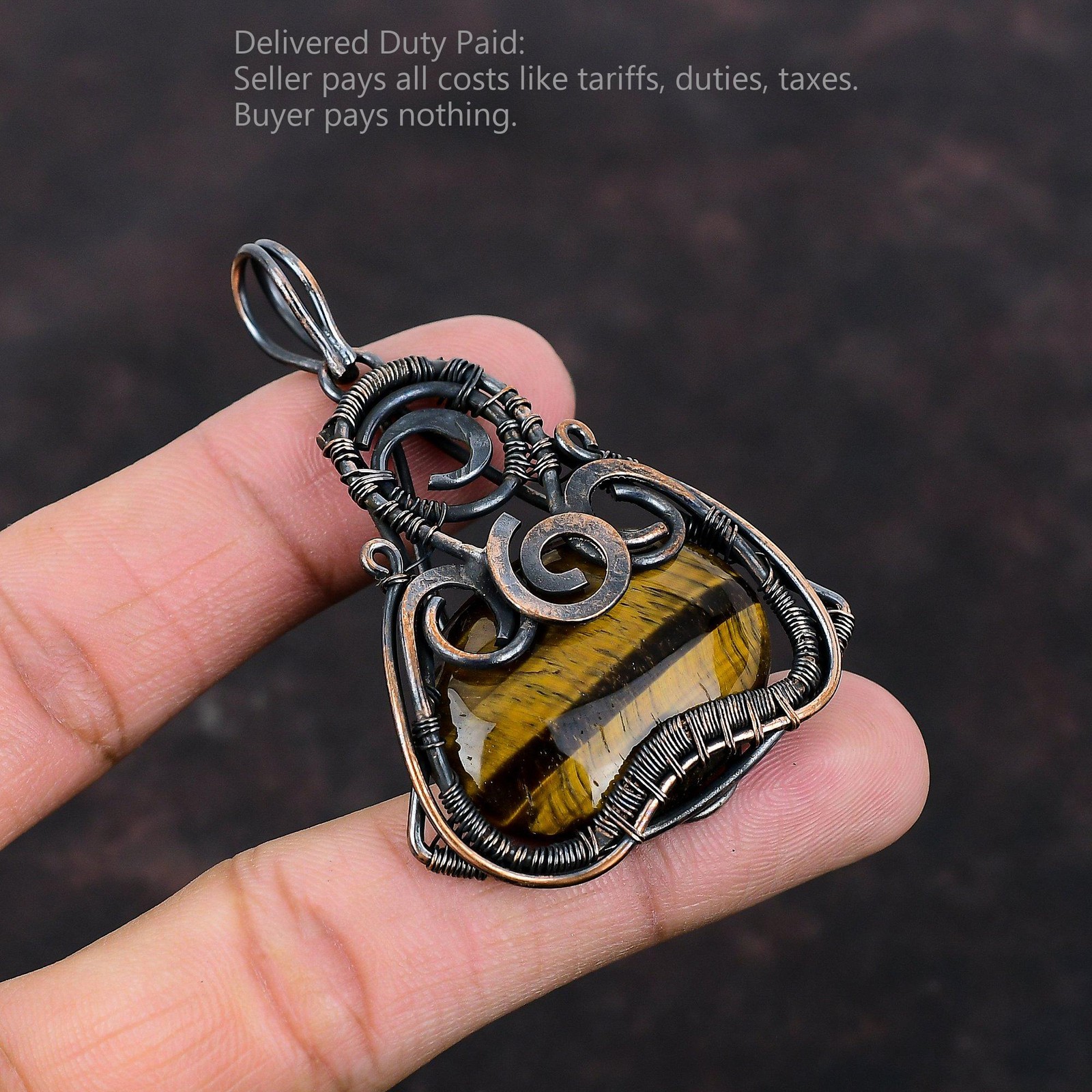 Copper Sacral Chakra Oval Tiger’s Eye Stone Unique Wire Wrapped Pendant Jewelry