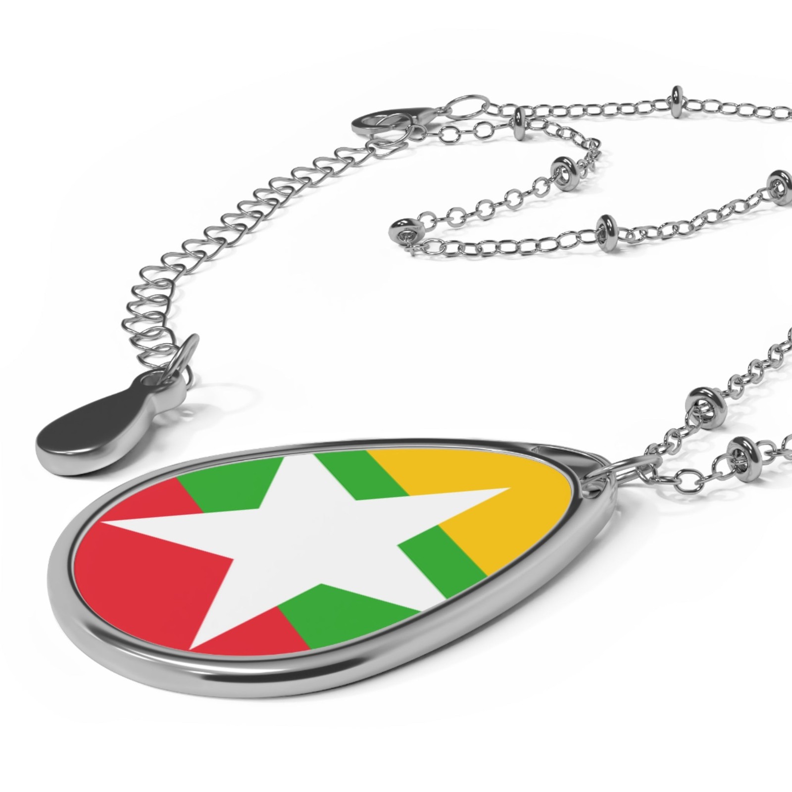 Myanmar Flag Oval Necklace – Burmese Heritage Pendant – One Size / Silver
