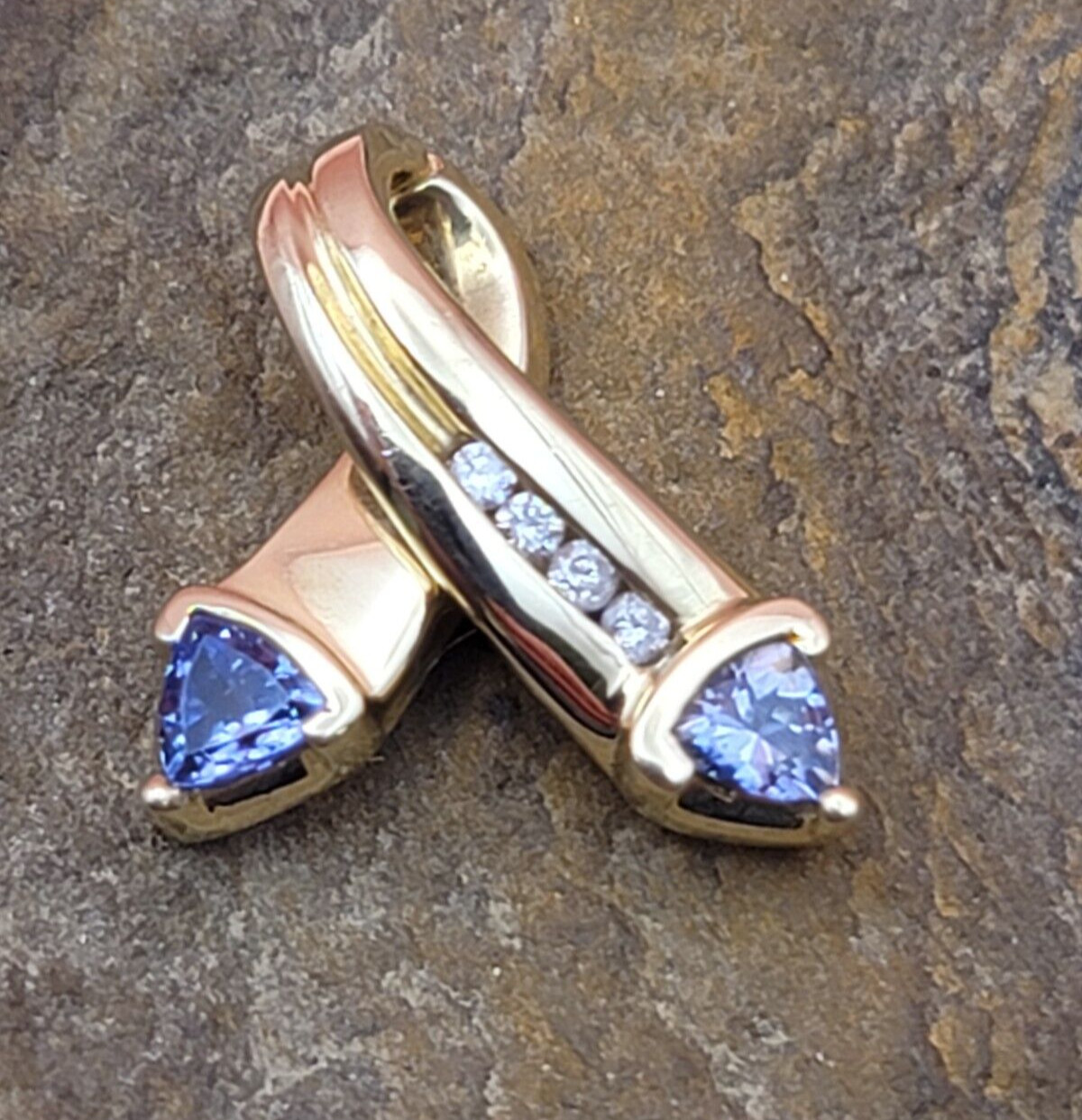 14k Yellow gold Trillion Blue Tanzanite Diamond Hinged Slider Pendant