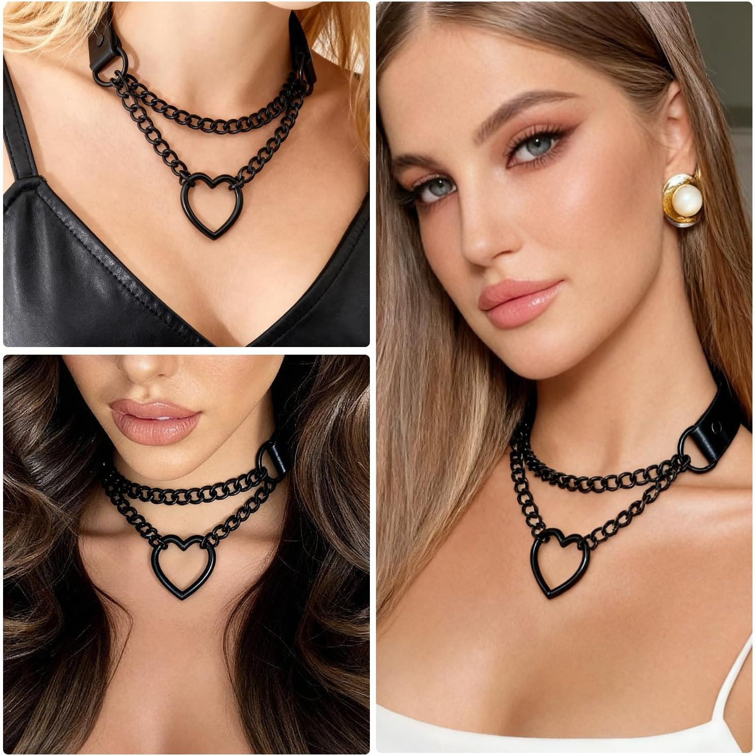 Heart Chain Choker Faux Leather Necklace Black Gothic Pumk Grunge Necklace for W