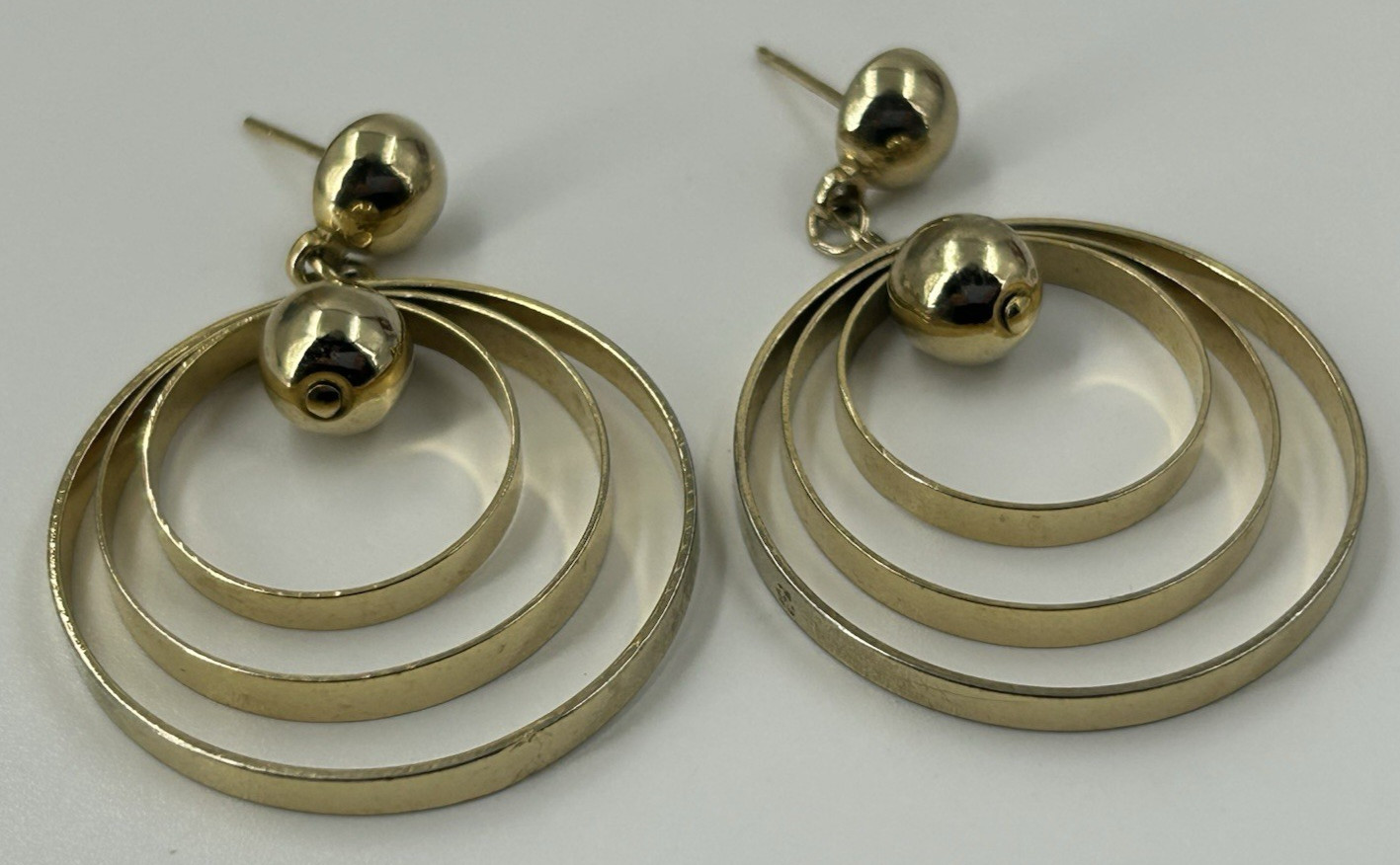 Gold Tone Triple Hoop Dangle Earrings Polished Gold Tone Pierced 1 3/4 Inch