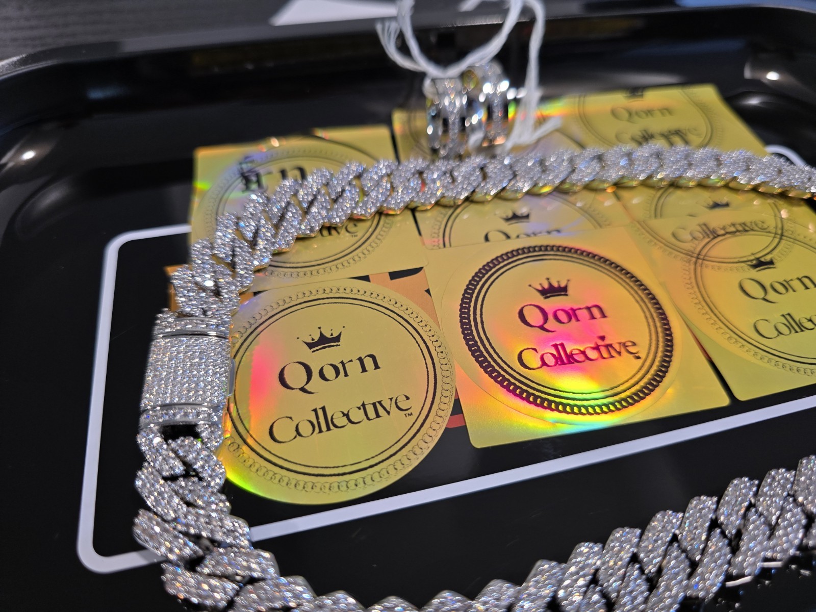 Qorn Iced Out Jewelry Set 14mm 2-Row CZ Cuban Chain & Stainless Steel Rings