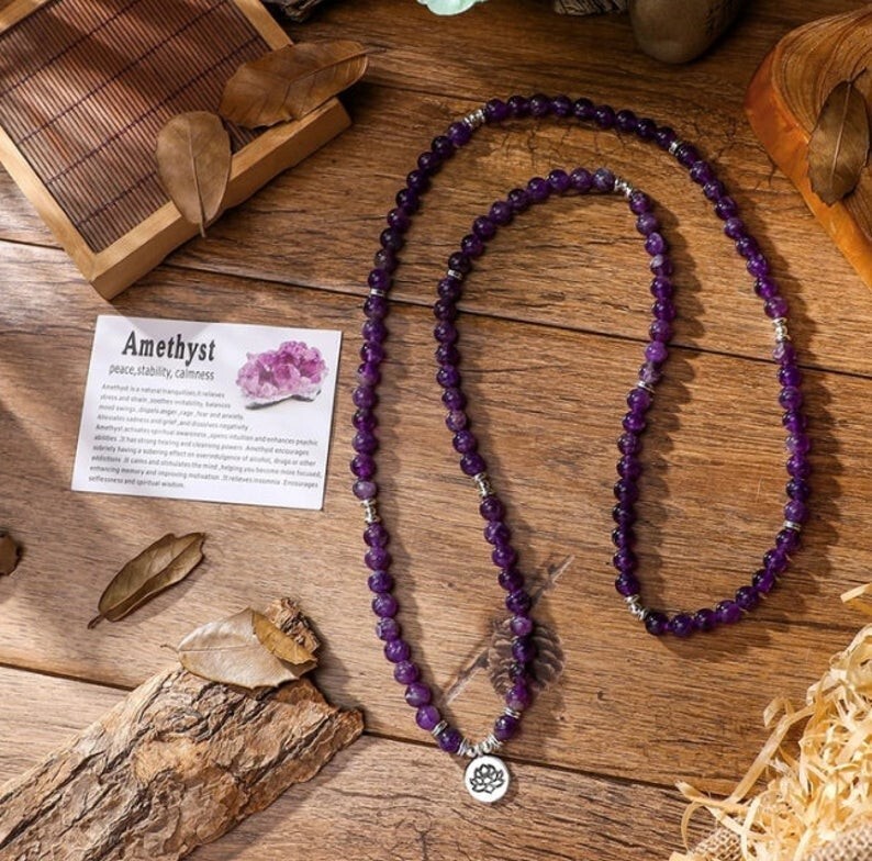 Amethyst 108 Mala Beads Prayer Necklace Multi Strands Healing Balance Bracelet