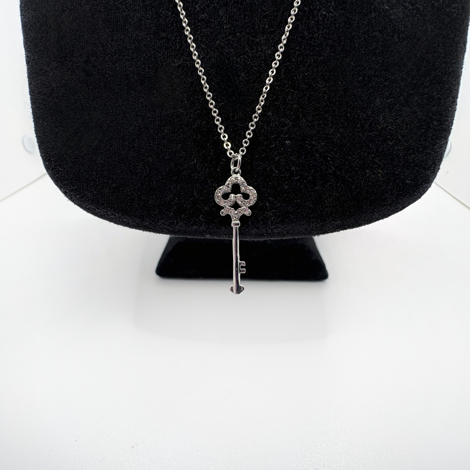 Silver-Tone Crystal Pavé Skeleton Key Pendant Necklace, Adjustable Chain