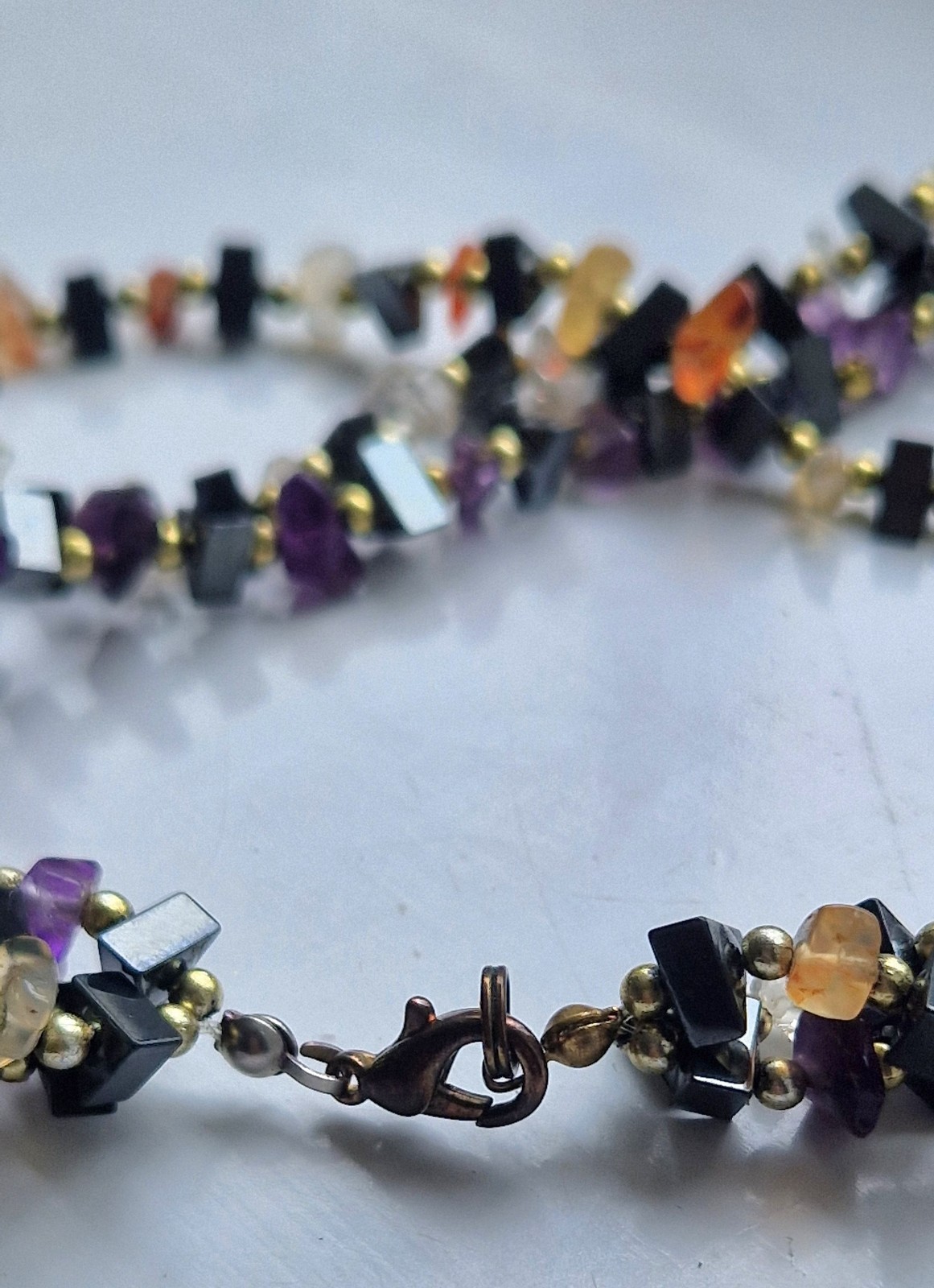 Vintage Triple Strand Gemstone Necklace | Amethyst, Citrine, Hematite & Quartz