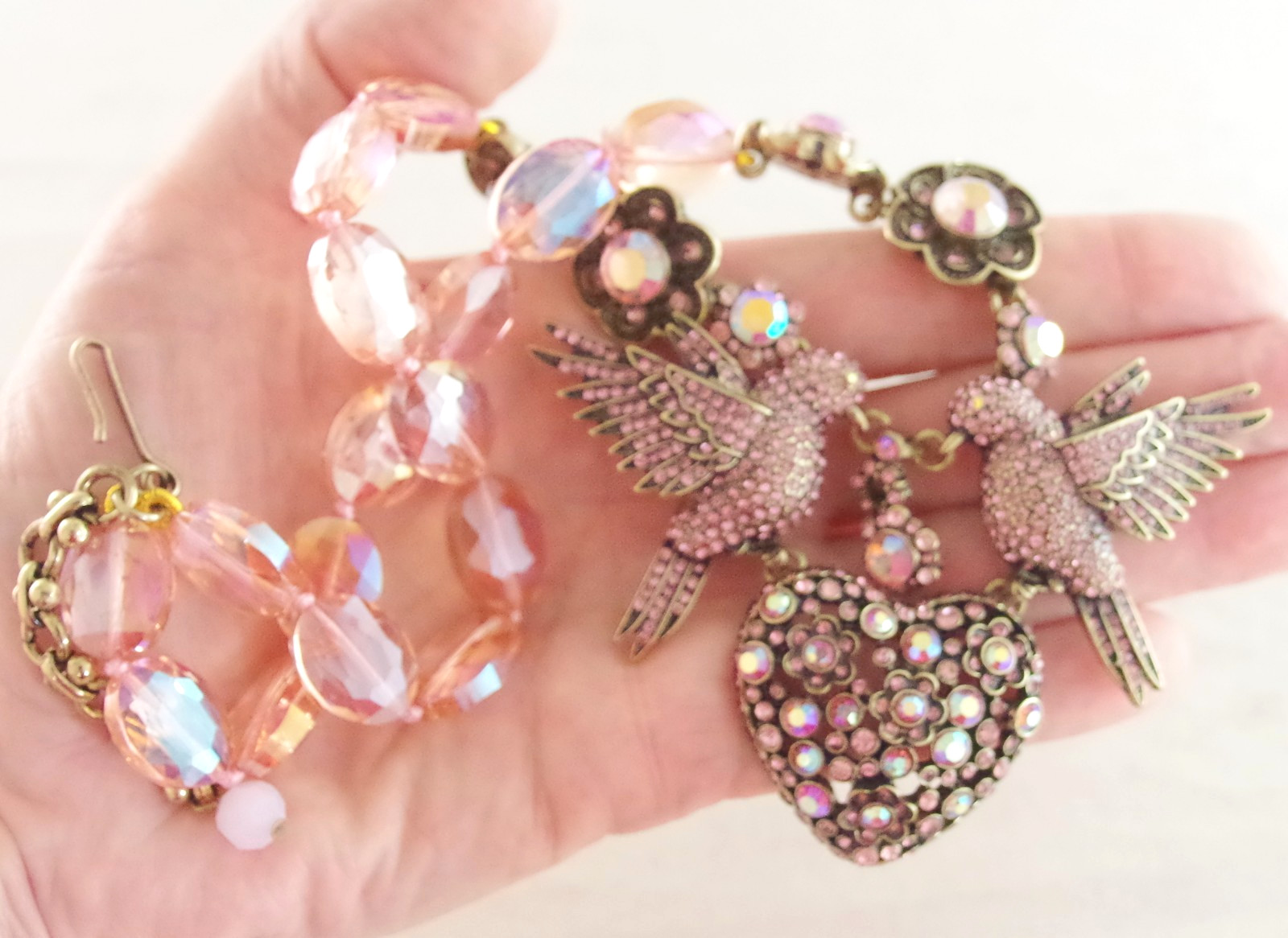 DESIGNER STYLE PINK AB CRYSTAL RHINESTONE LOVE BIRDS VALENTINE HEART NECKLACE