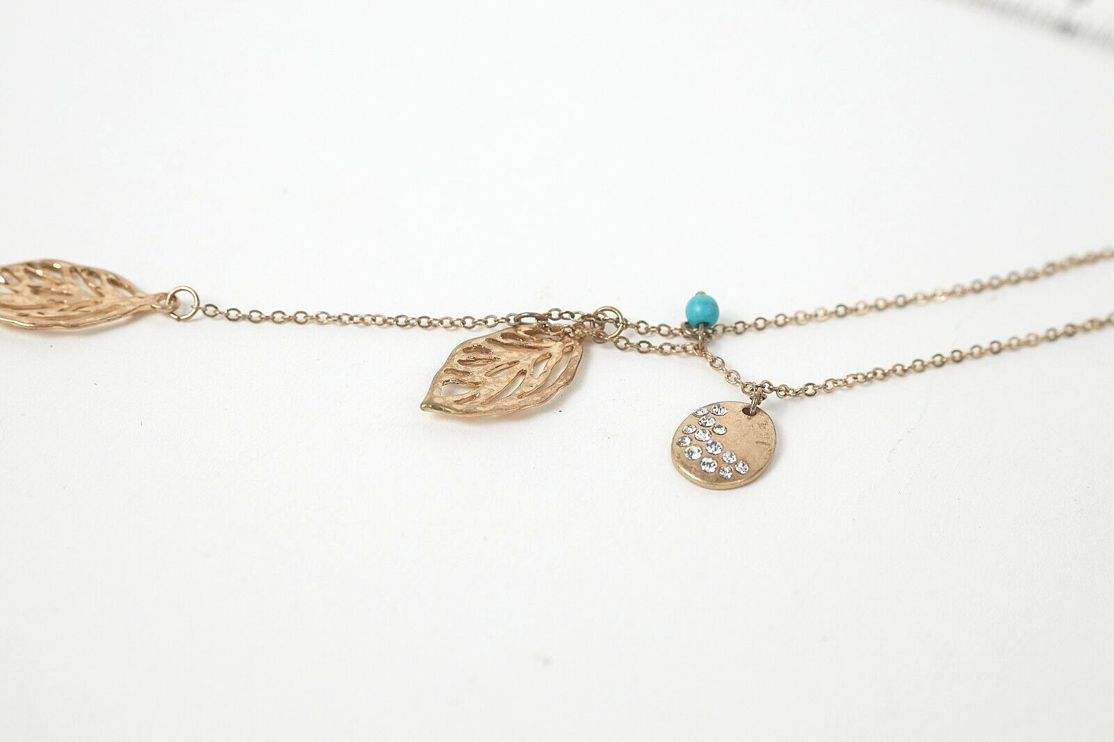 Gold Tone Open Metalwork Triple Leaf “Y” Necklace 24″ long + 3″ extender