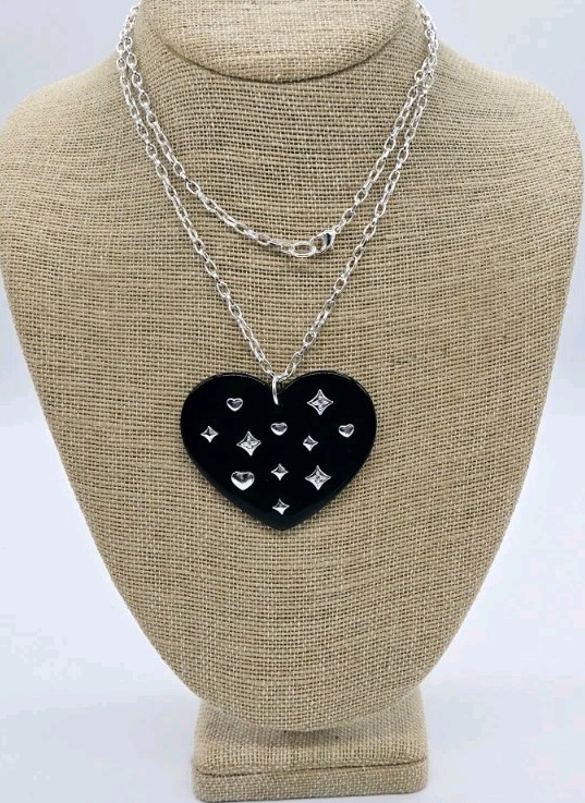 HEART Pendant Necklace Black & Silver tone Crystal Accent Modern 30 in