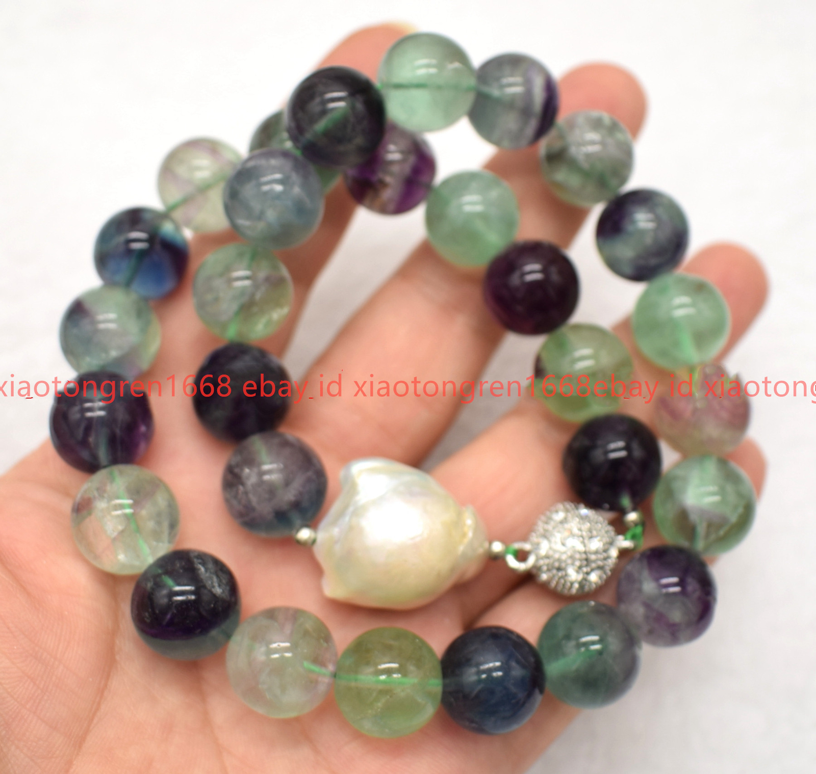 Huge Natural 12mm Multicolor Fluorite & White Baroque Pearl Necklace 16-24in
