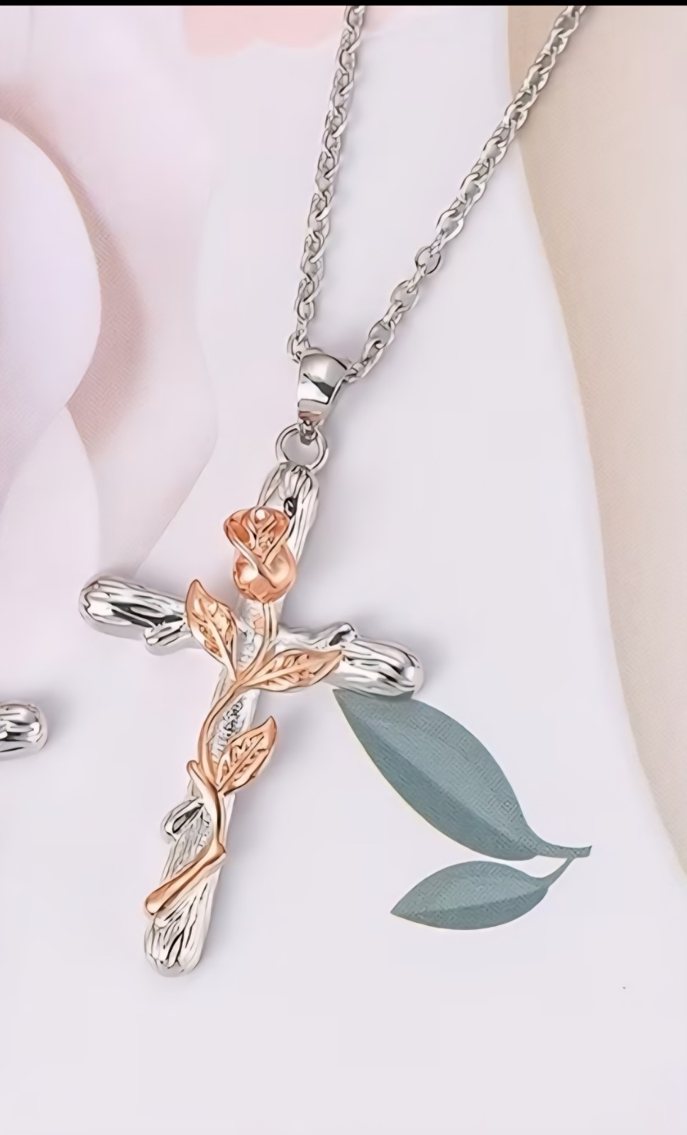 Fashion Rose Golden Floral Flower Cross Pendant Necklace Gift Women Silver Color
