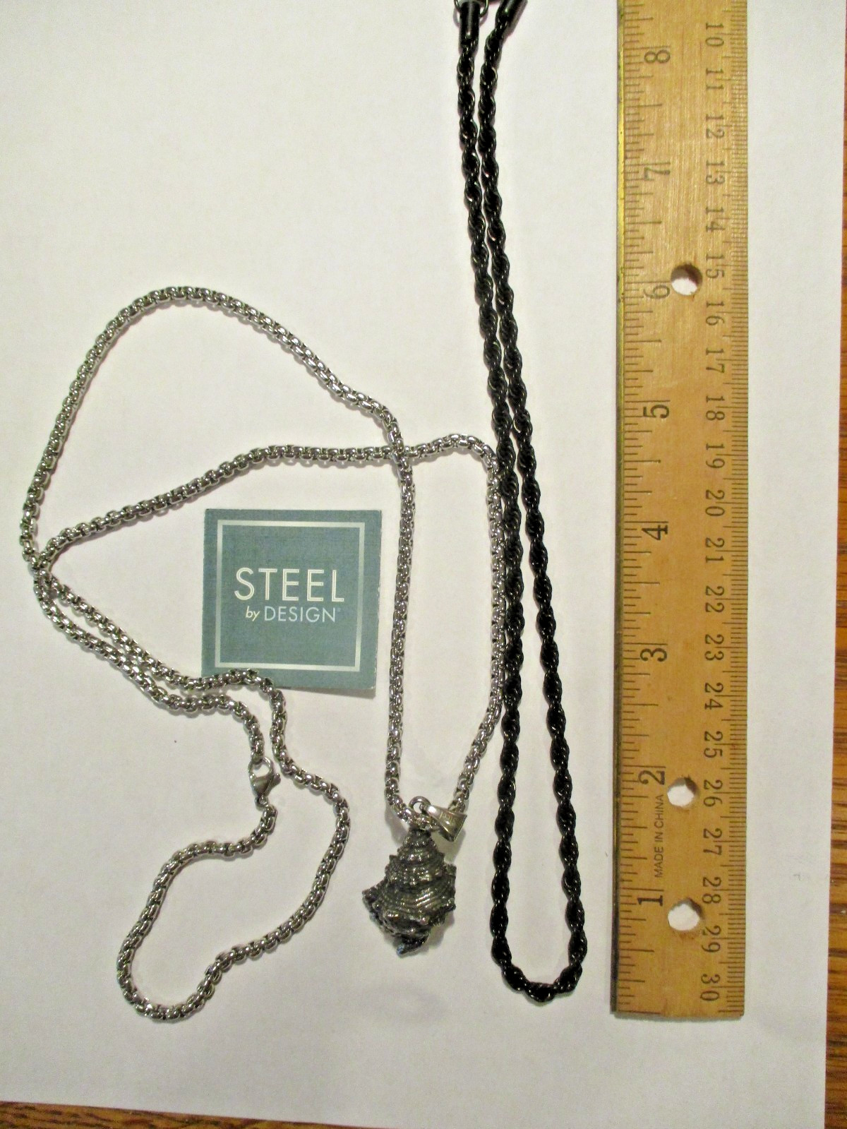NOS STEEL BY DESIGN Conch Shell Pendant+2 Steel Chains (25″Silver +18″Black)