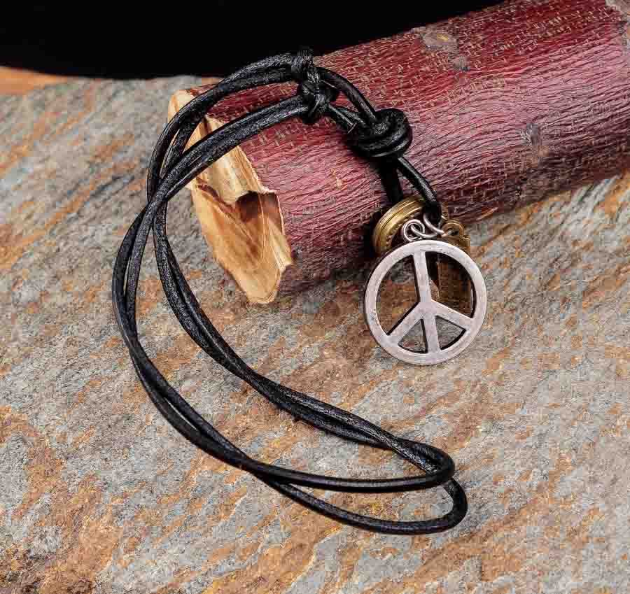PN46 Cool Mens Surfer Beach Genuine Black Leather Choker Necklace Peace pendant
