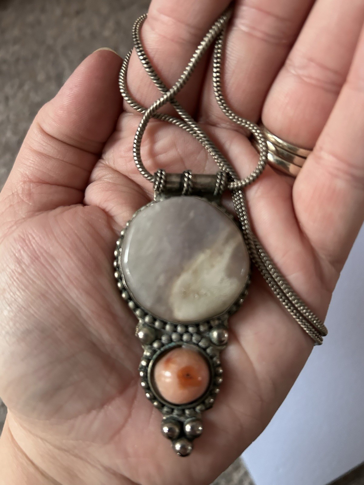 Silver Plated Ethnic Gemstone Pendant Necklace 20” Boho