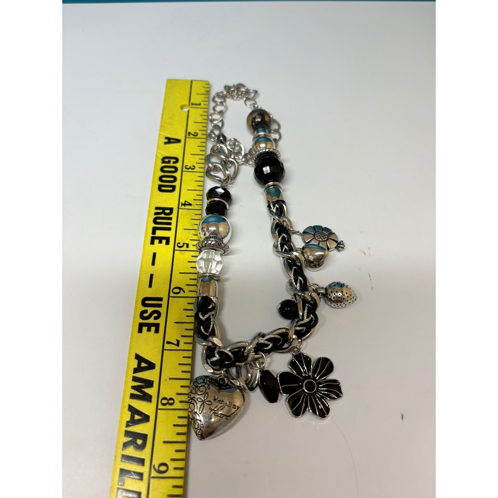 Chunky Silver Black Woven Chain Charm Choker Necklace Heart Flower Y2K Grunge