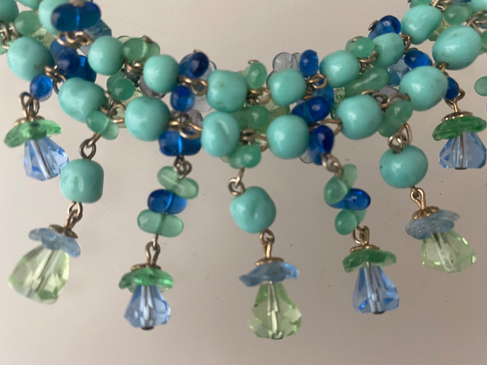 Vintage Mid Century Blue Green Glass Floral Necklace and Earrings Set Germany