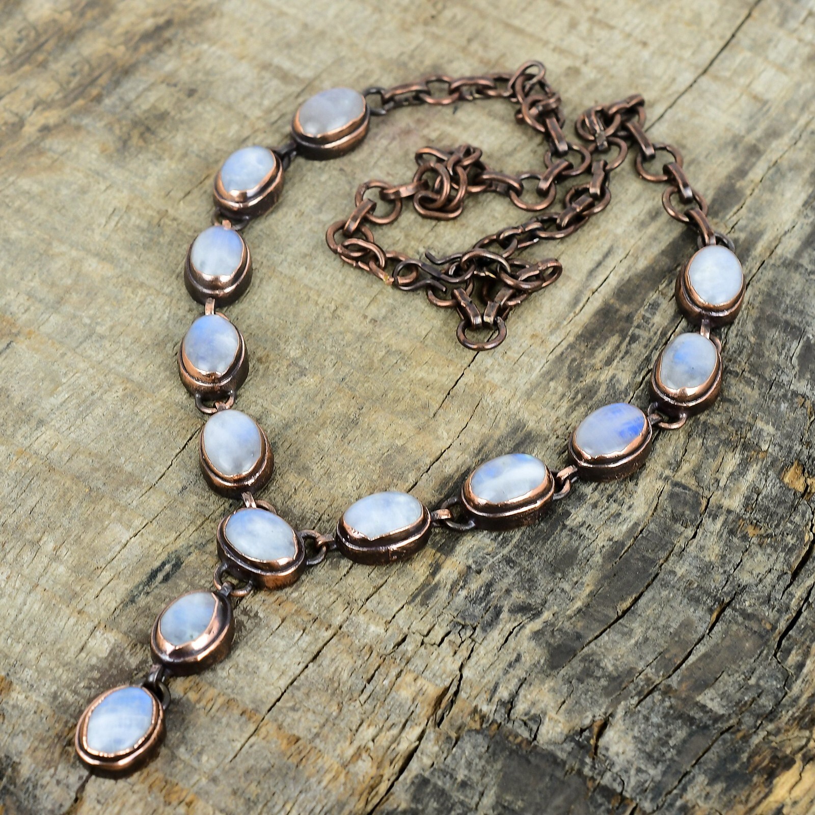 Valentines Sale Natural Rainbow Moonstone Copper Chain Electroformed Necklace