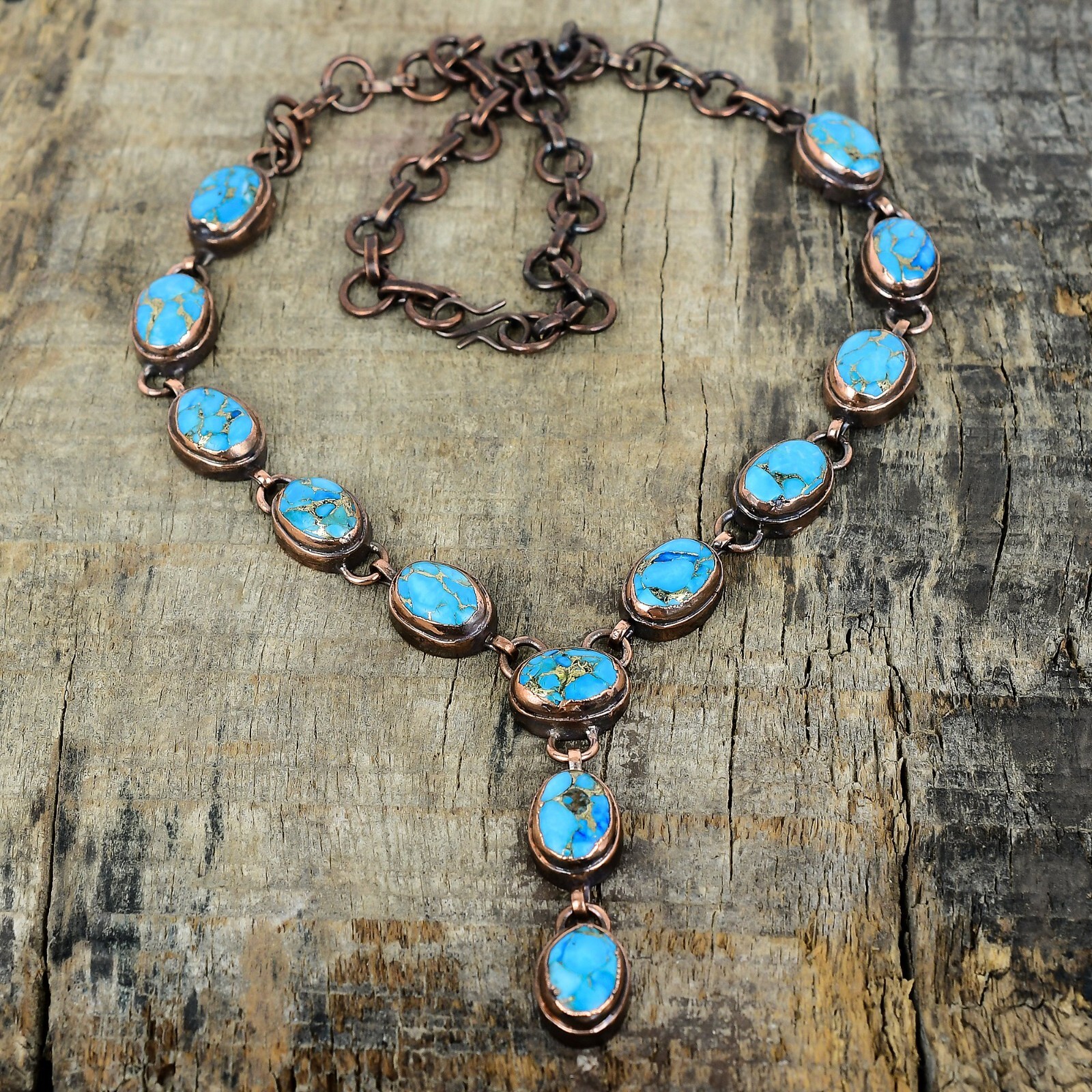 Copper Blue Turquoise Gemstone Electroformed Anniversary Chain Necklace Copper