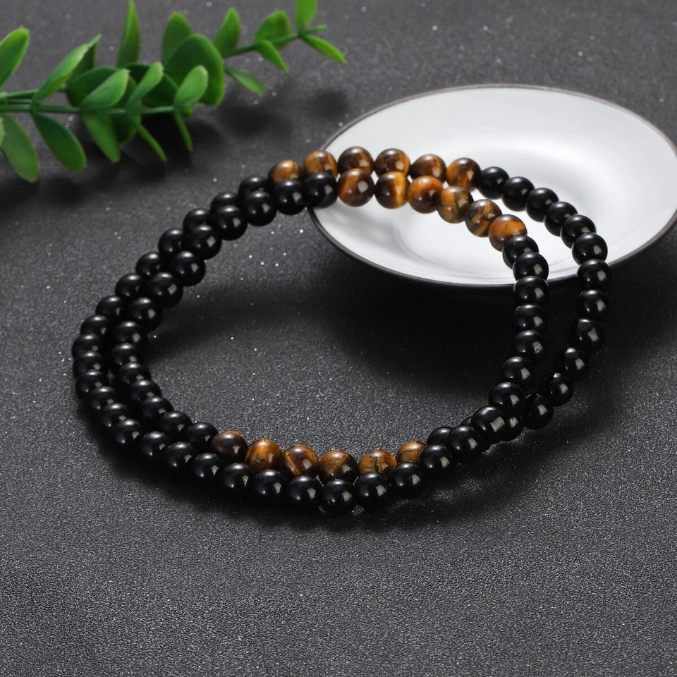 Men’s Black Obsidian & Tiger Eye Stone Beaded Necklace 24″ Natural Stone Jewelry