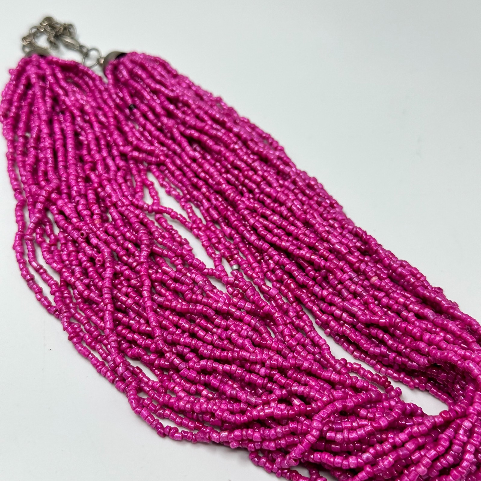 Fuchsia Pink Seed Bead Necklace Silver Tone Multi Strand Boho 14 Inch