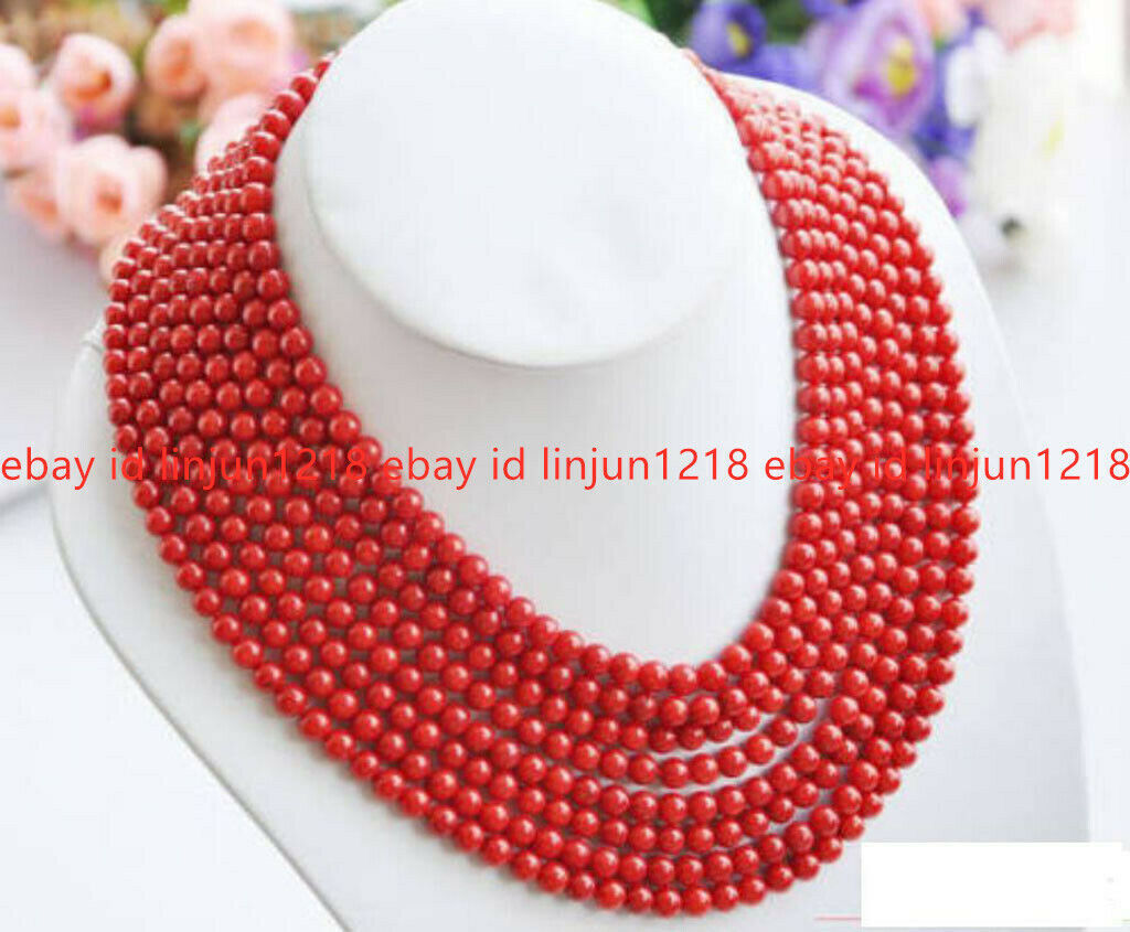 Real Narutal 8 Row 6mm Red Round Coral Bead Necklace & Bracelet 17-24 in