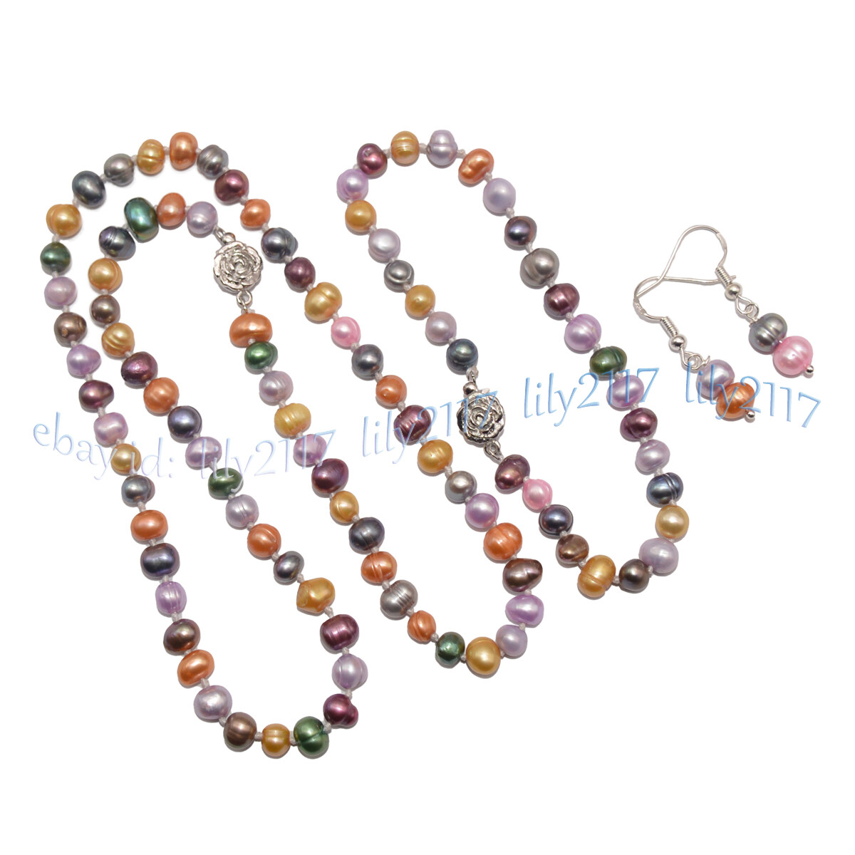 Natural 6-7mm Multicolor Freshwater Pearl Necklace Bracelet Earrings Jewelry Set