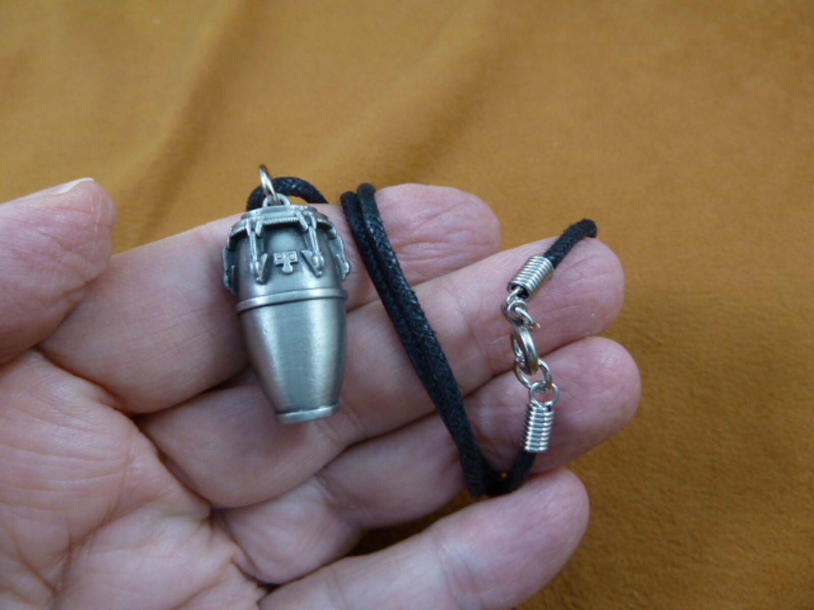 (M317-E) pewter CONGA DRUM pendant on 18″ black cord necklace