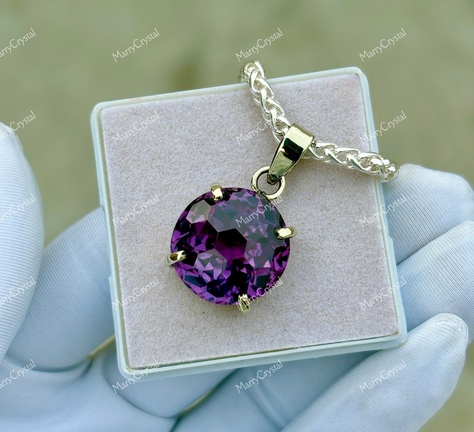 32 Ct Alexandrite GS Silver Pendant Necklace | Color Change Crystal