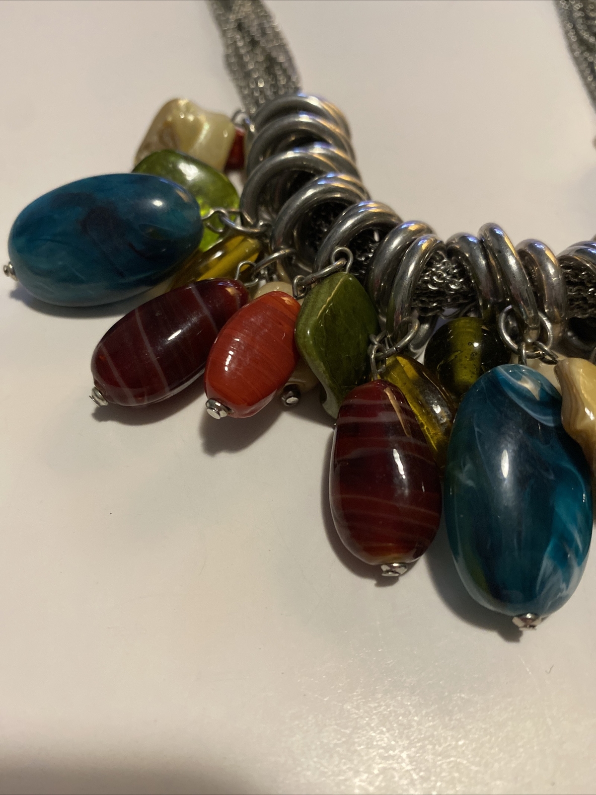 VTG Necklace Chunky Silver Tone With Glass, MOP And Other Unknown Stones By NY