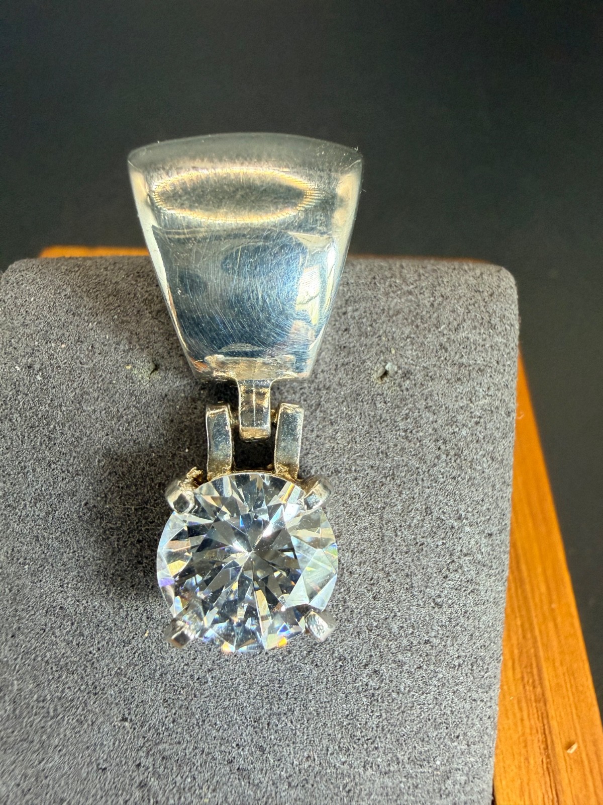 Large Round CZ Solitaire Pendant Silver Plated Statement Slide Bail 9.89mm VTG