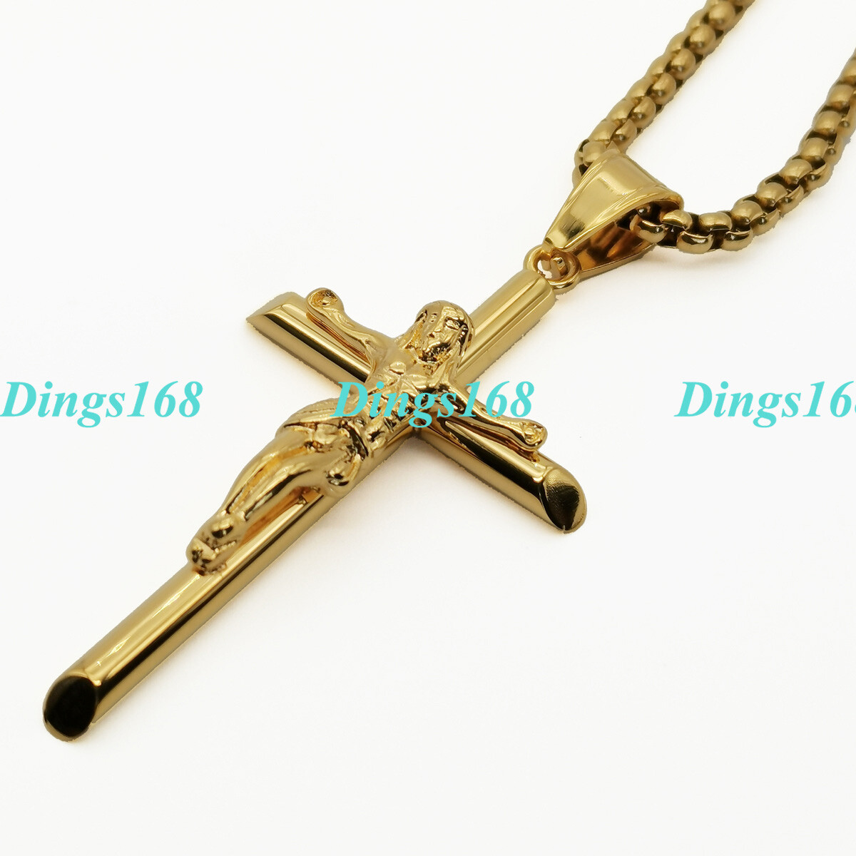 18K Yellow Gold Filled Crucifix Cross Pendant + 18″-28″ Box Chain Necklace B378Y