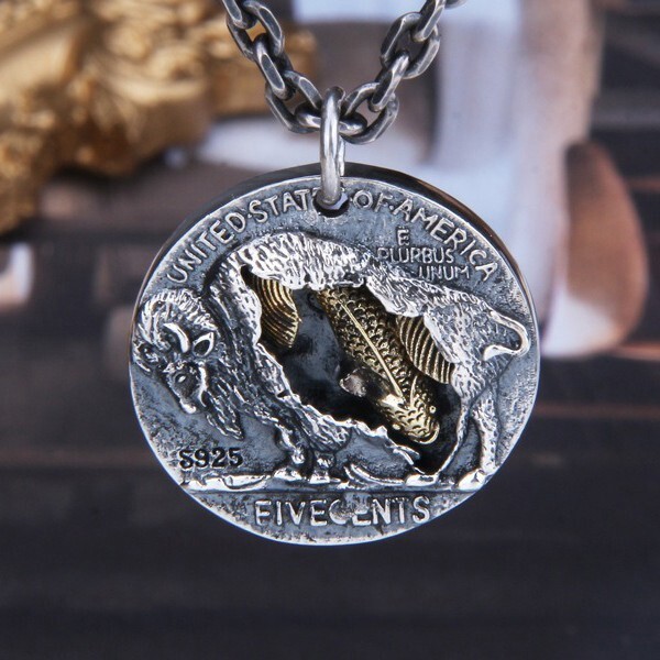 Indian Skull Head Buffalo Koi 1936 Coin Double Sided Pendant 925 Sterling Silver