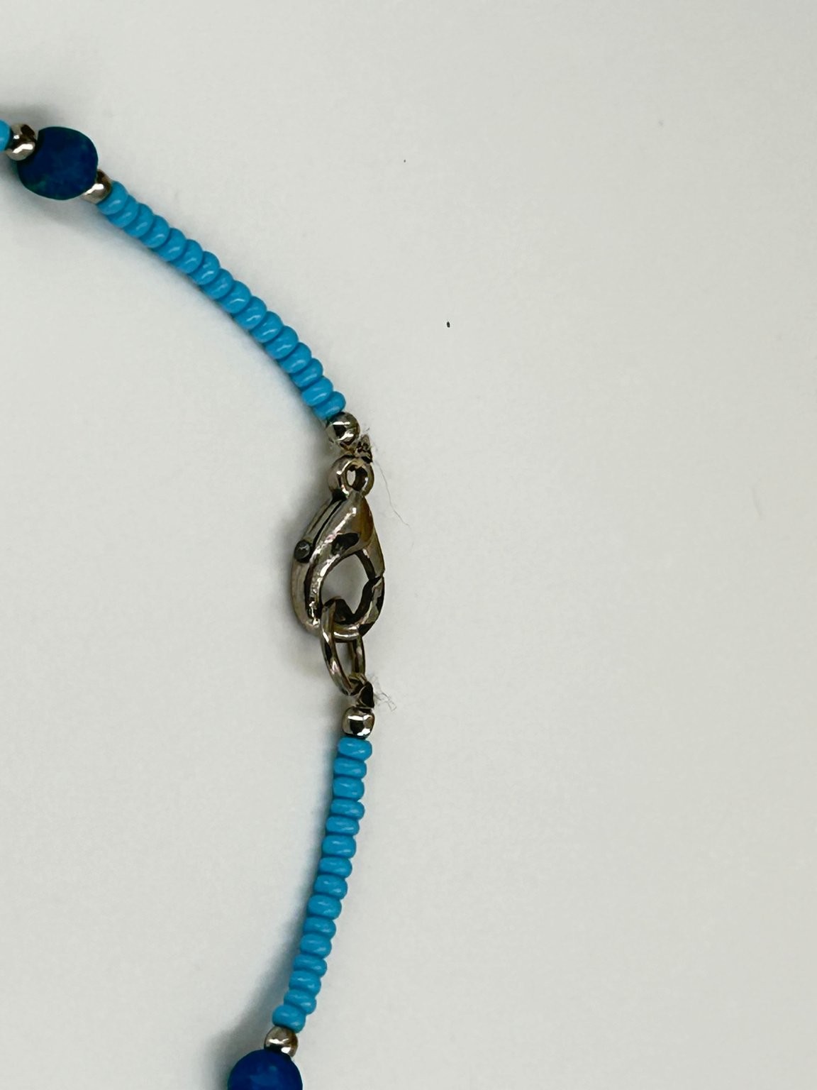 Blue Beaded Necklace 16 Inch Turquoise Glass Beads Silver Tone Handmade