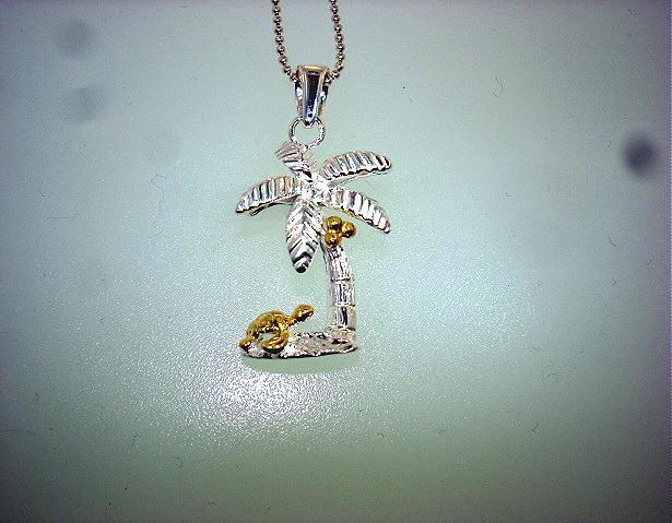 15mm Yellow Gold Plated 925 Silver Hawaiian Coconut Palm Tree Turtle Pendant