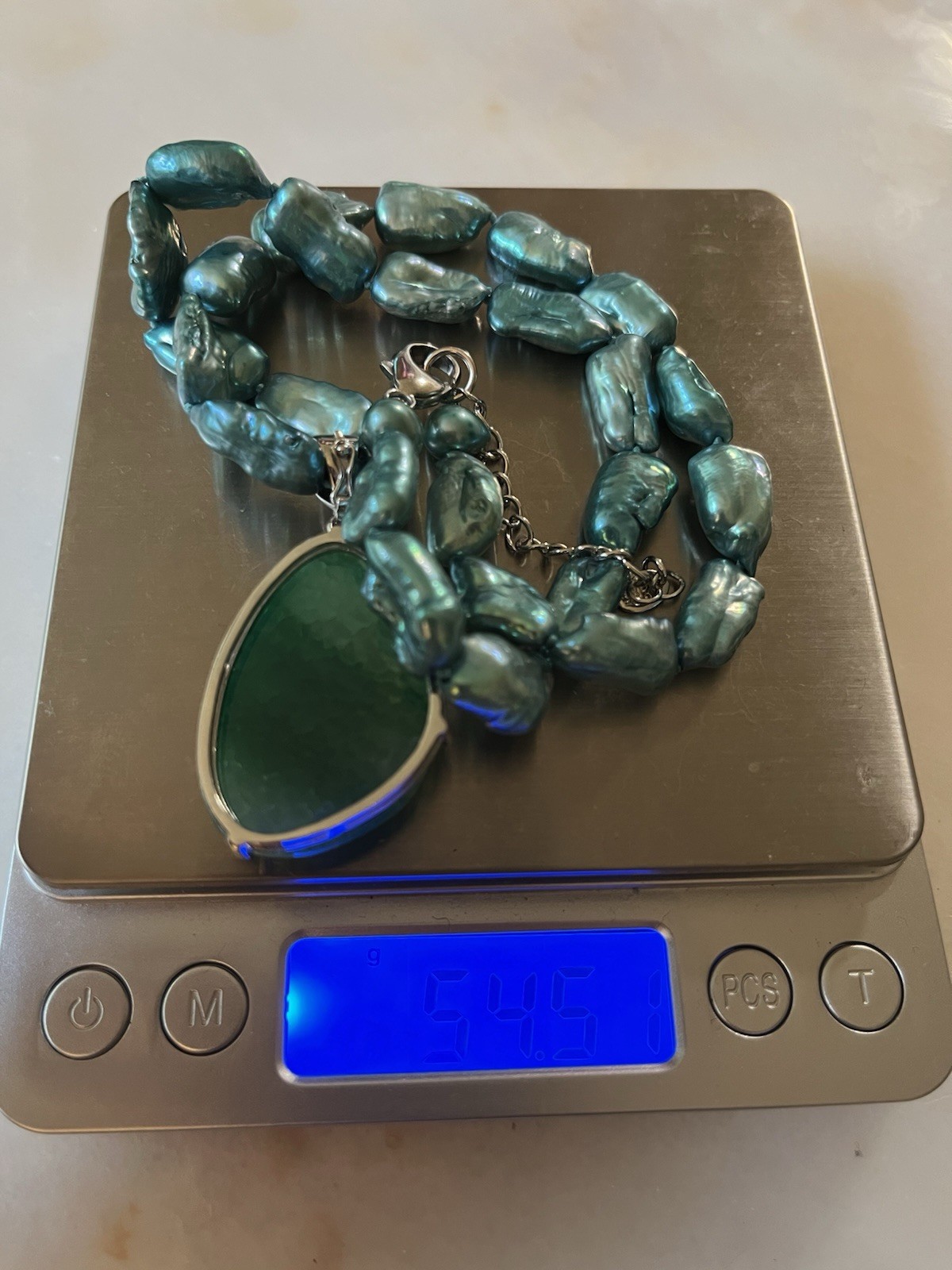 Teal Blue Baroque Pearl Necklace 54g Chunky Nugget w/ Green Stone Pendant St
