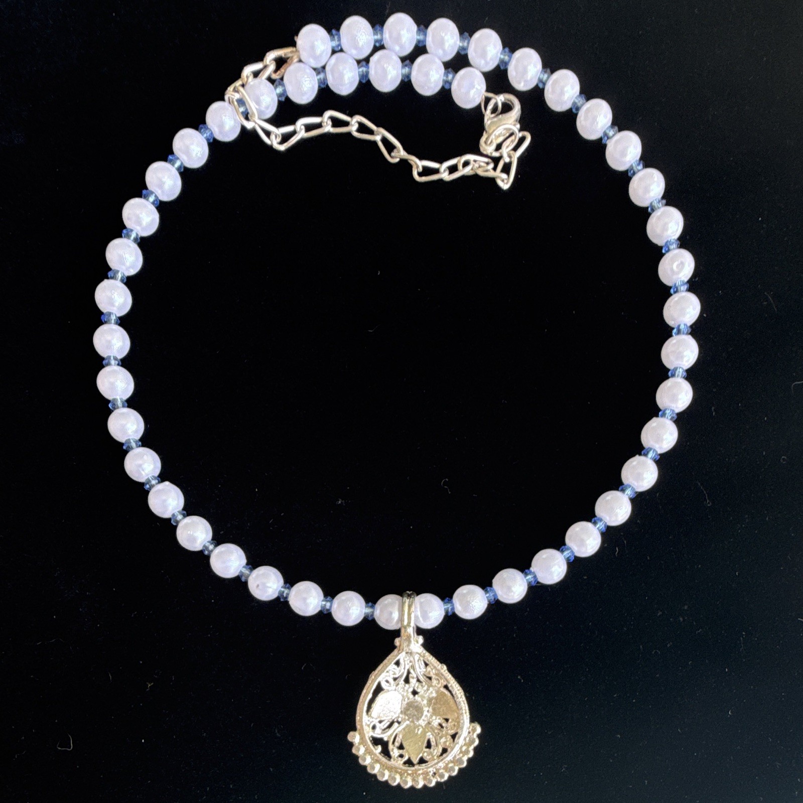 White Beaded Necklace, Adjustable Cable Chain, Gold Tone Blue Teardrop Charm