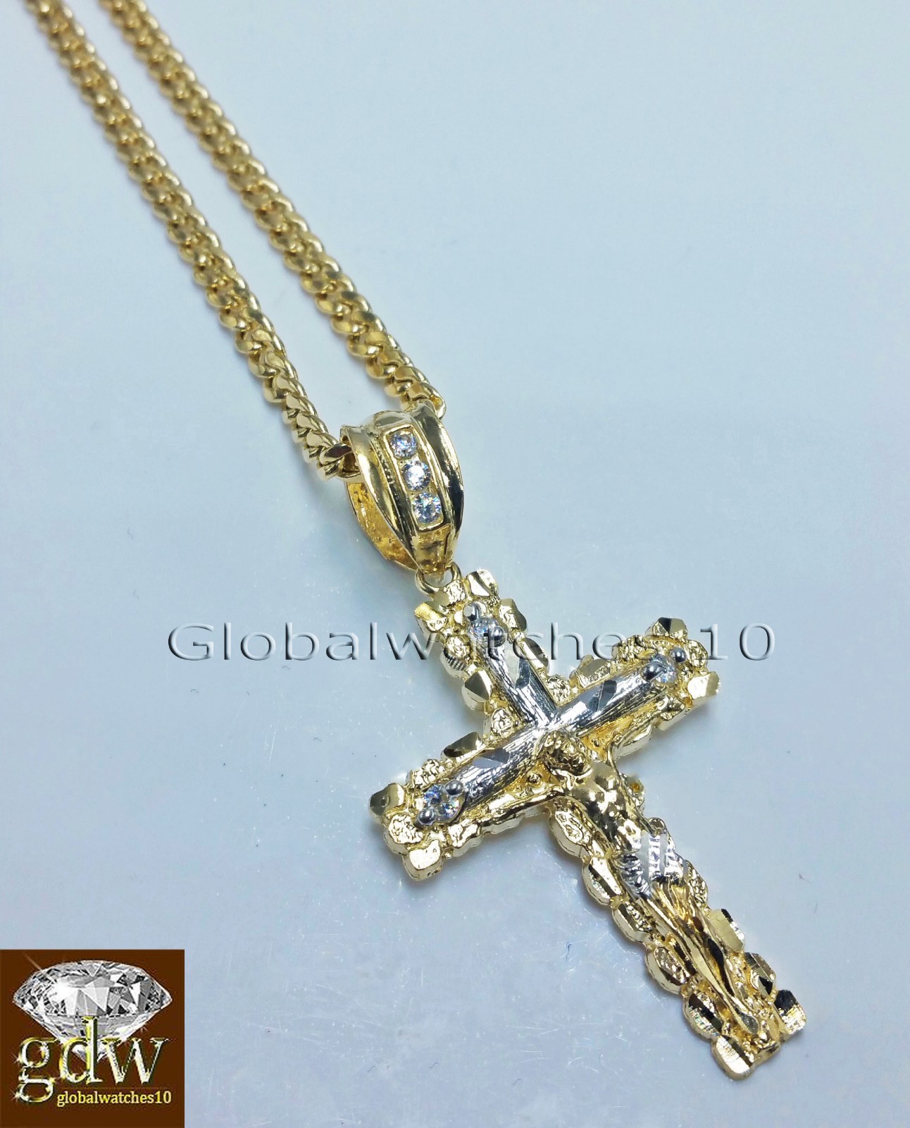 Real 10k Yellow Gold Jesus Cross Charm Pendant 18″ Miami Cuban Link Chain SET