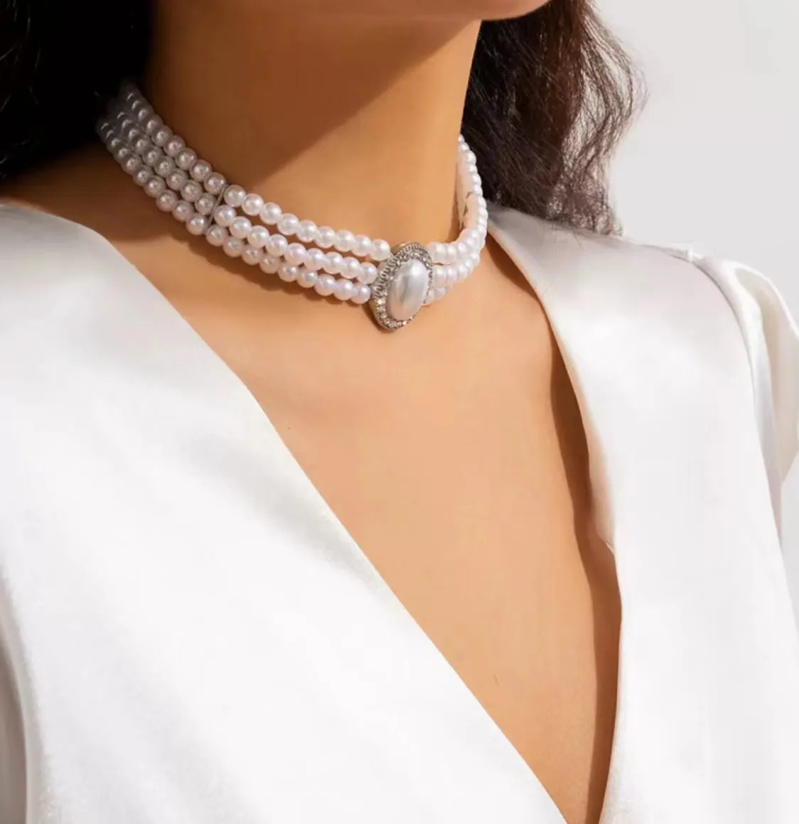 Multi Layer Pearl Necklace, Women’s Jewelry Set with Diamonds Imitation Pearl