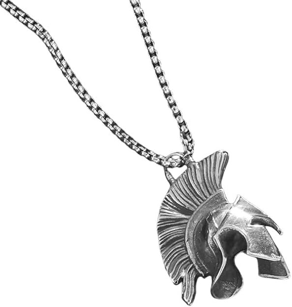 Roman Spartan Warrior Mask Helmet Jewelry Vintage Silvery Pendant Necklace