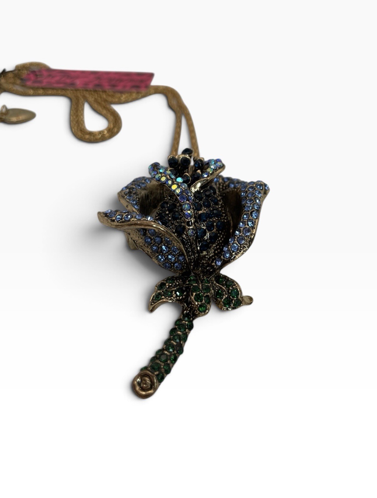Betsey Johnson 3D Blue Rose Pendant Necklace Aurora Borealis Rhinestones