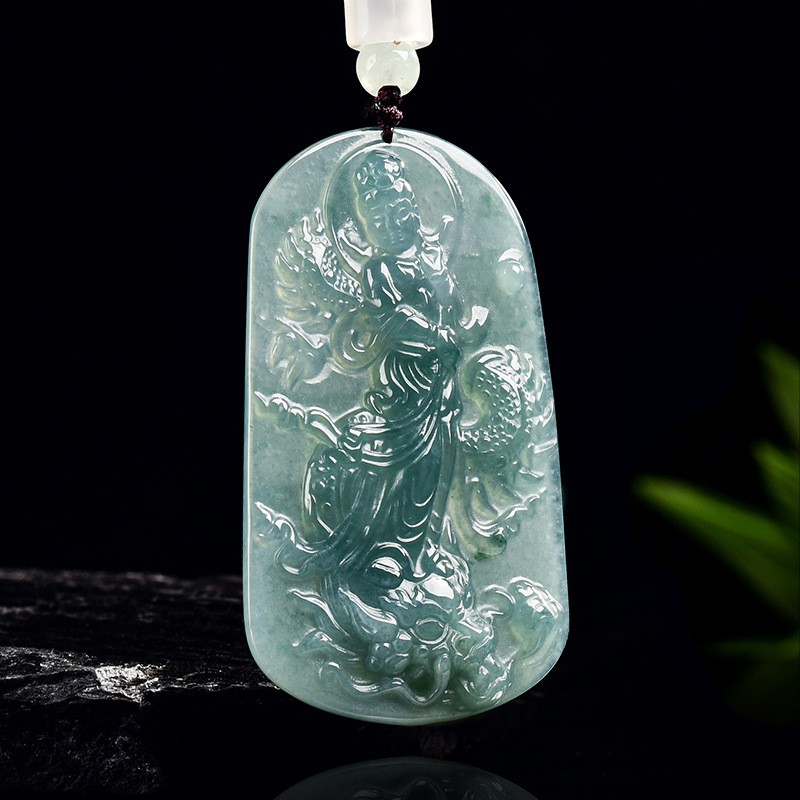 Natural Blue Water Jadeite Dragon Avalokiteshvara Pendant Unisex Adult Necklace