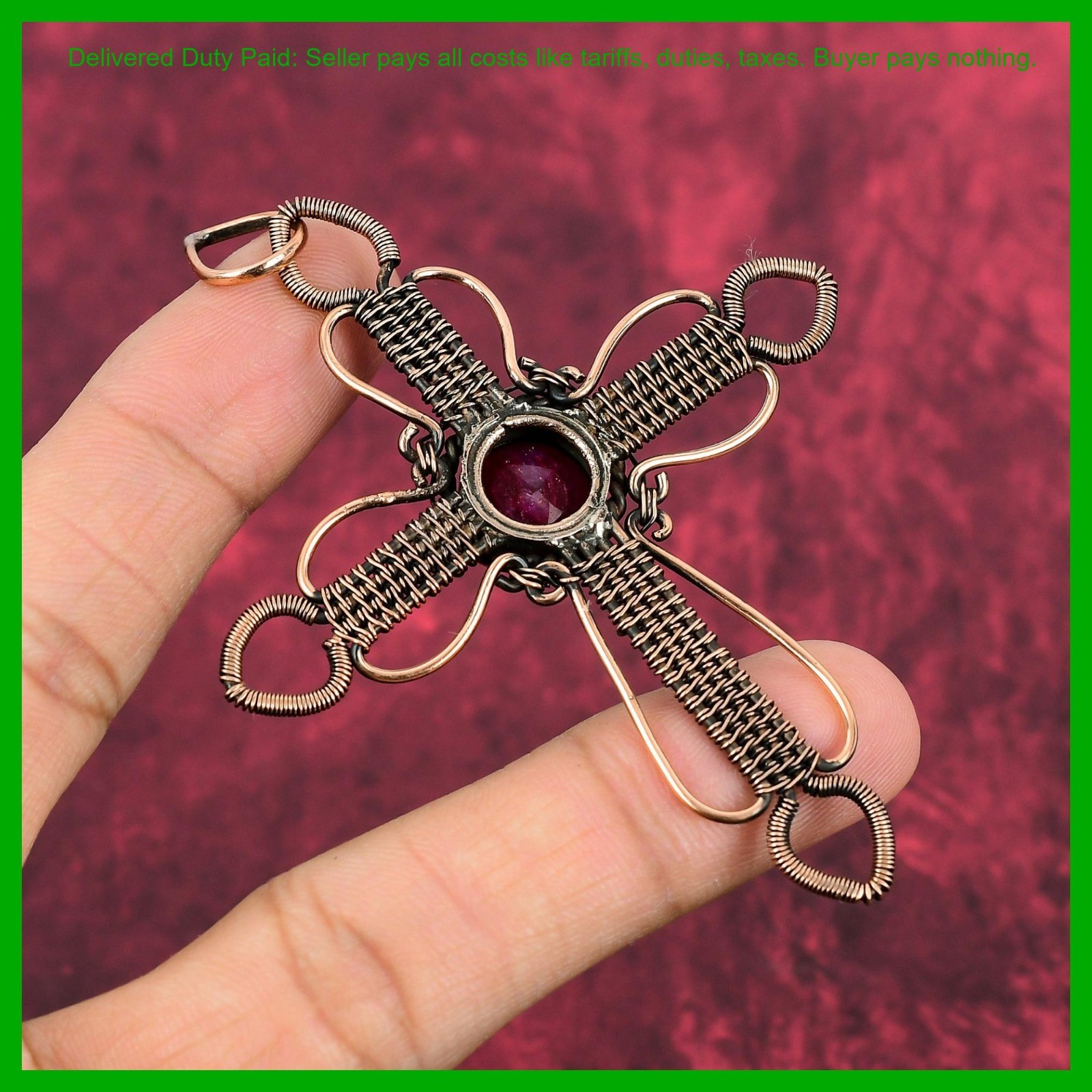 Kashmir Rubi Stone Wedding Wire Wrapped Cross Anniversary Pendant Jewelry Copper