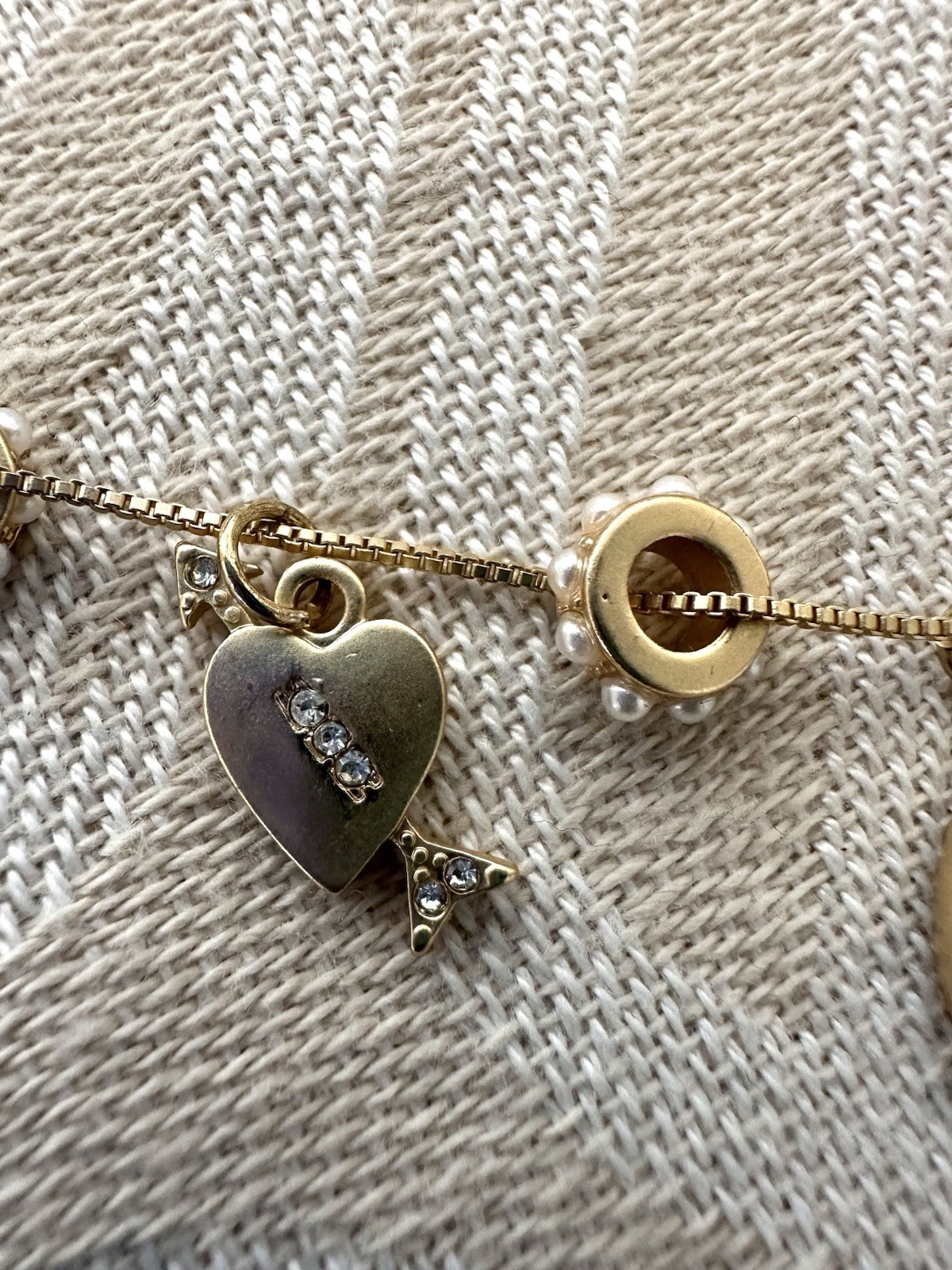 Aerie Gold Tone Charm Necklace Heart Teddy Bear LOVE Faux Pearl Adjustable 18-21