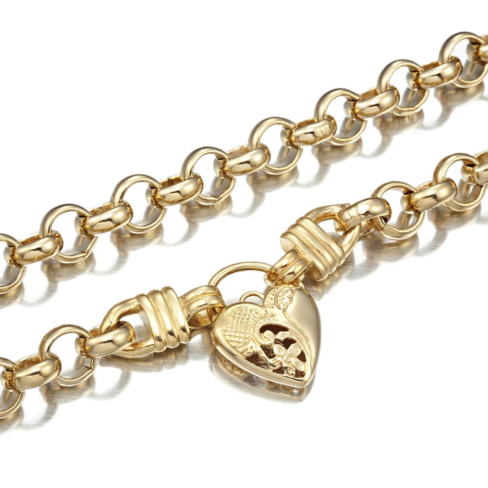 18K GL Thick Solid Rolo Yellow Gold Chain Necklace Half Filigree Heart Padlock