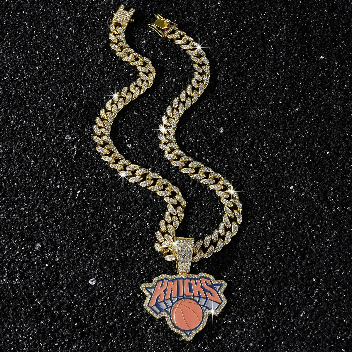 NY New York Knicks Large Charm Pendant Iced Cuban Chain Necklace